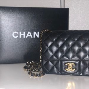 100% Authentic Chanel mini flap bag, lamb skin, black